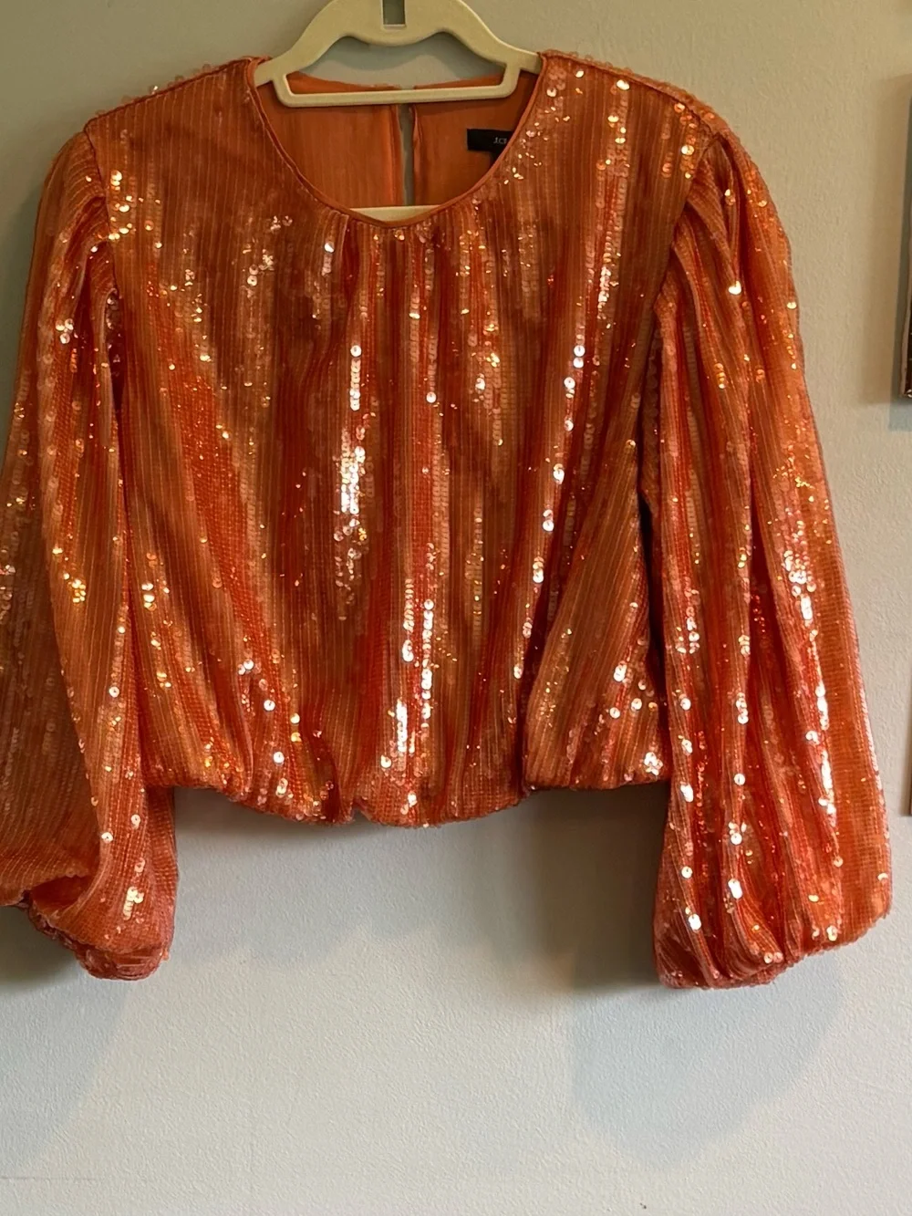 J Crew Vibrant Orange Bubble Sleeve Sequin Top Size Medium Cropped Cinched Hem